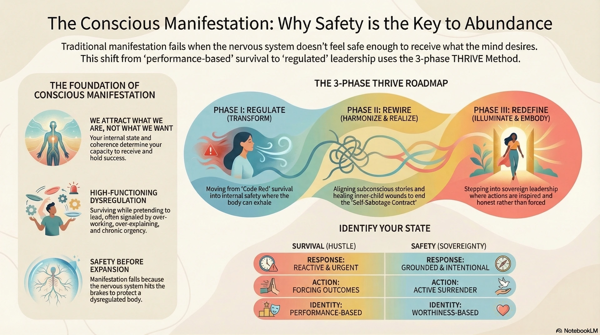 The THRIVE Method™ framework diagram showing the 3 phases: Regulate, Rewire, and Redefine for sustainable success.